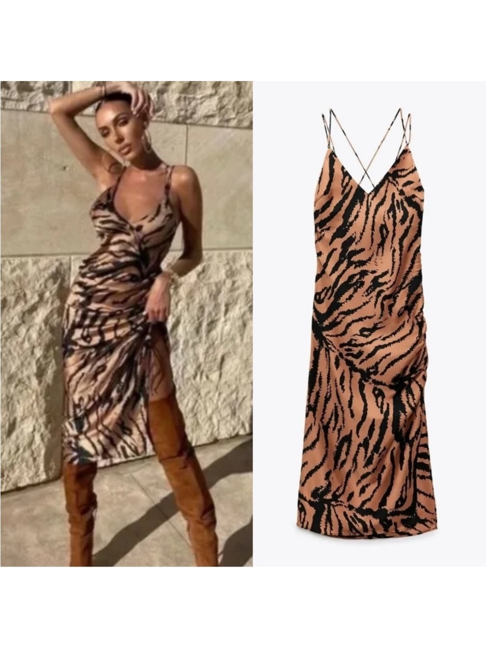 ZARA Animal Print Satin V-Neck Ruched Side Camisole Midi Slip Dress
